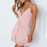 Women Summer Ruffles Pink Casual Strap Bow Wrap Mini Dresses