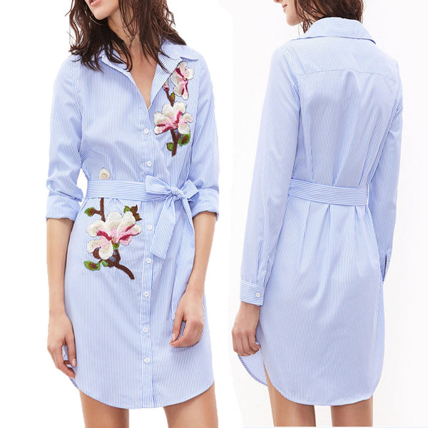 Women Print Striped Long Sleeves Embroidered Floral Shirt Mini Dress 