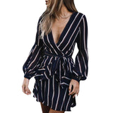 Women's Fashion Lantern Sleeve Casual Striped V-Neck Mini Dress 