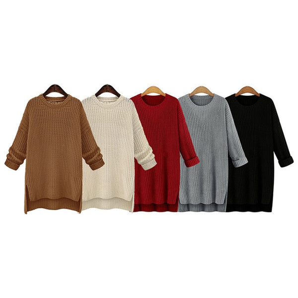 Irregular O-Neck Knitted Pullovers Midi Long Thick Sweaters