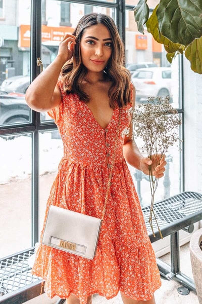 Short Sleeve V-Neck Floral Print Chic Mini Dress