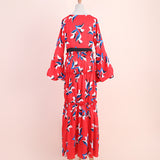 Women V Neck Long Sleeve Print Plus Size Maxi Dress 