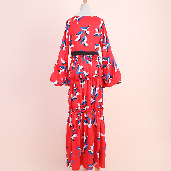 Women V Neck Long Sleeve Print Plus Size Maxi Dress 