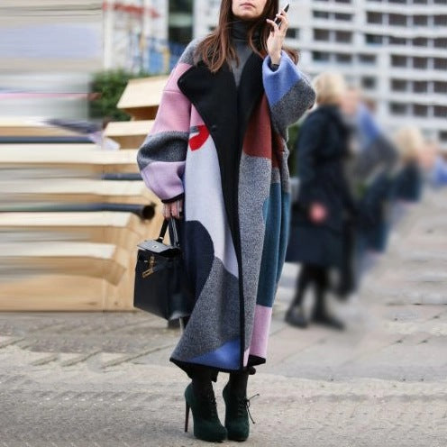 Women Fashion Colorful Turn Down Collar Wool Long Coats