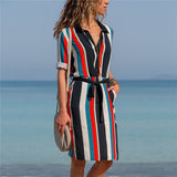 Long Sleeve Shirt Dress  Summer Boho Beach Dresses Women Casual Striped Print A-line Mini Party Dress 