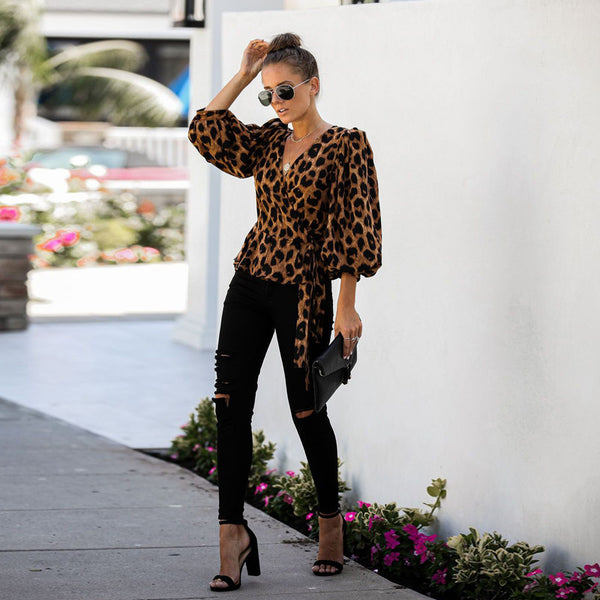 Women Long Sleeve Leopard Print Loose Blouse 