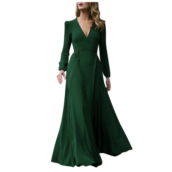 Sexy Solid Color V-Neck Large Size Swing Maxi Dress