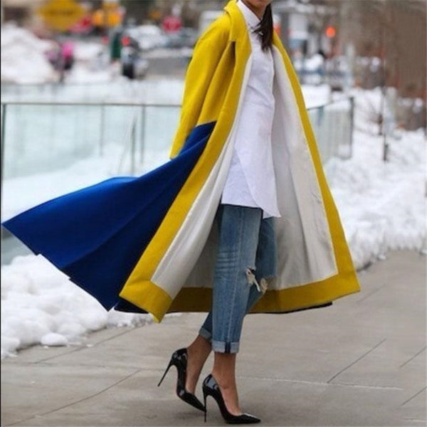 Women Patchwork Turn Down Collar Woolen Long Coat 
