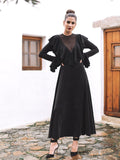 Women Mesh Splicing Ruffle Sequin Black Evening Dress
