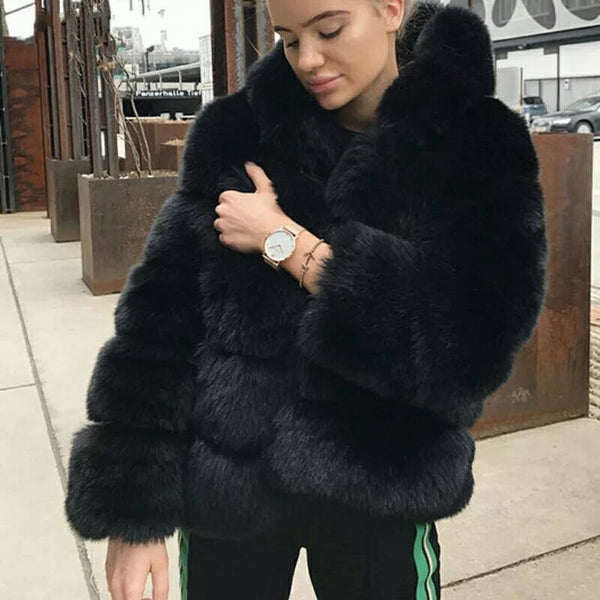 Women Winter Hoodie Fluffy Fur Long Sleeve Coat 