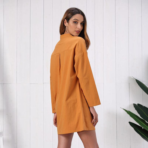 New Solid Color Long-sleeved Sexy Lapel  Long T-shirt