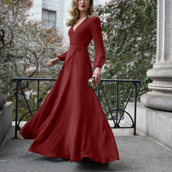 Sexy Solid Color V-Neck Large Size Swing Maxi Dress