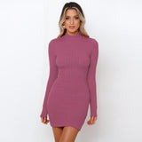 Round Neck Pullover Slim Solid Color Knitted Sweater Bodycon Dress