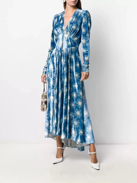 Women V-neck Long Sleeve Irregular Print Vintage Maxi Dresses 