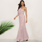 Women Sexy One Shoulder Lace High-waist Party Maxi Dress