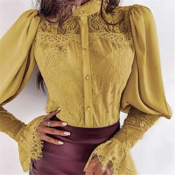 Stand Collar Buttons Puff Sleeve Lace Blouse Tops