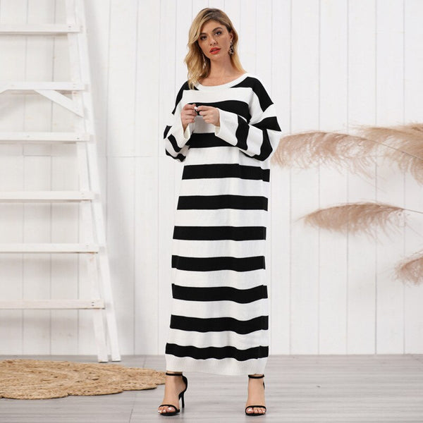 O-Neck Oversize Loose Striped Knitted Long Dresses Sweater