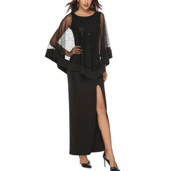 Women Elegant Black Sequin Lace Patchwork Sexy Party Long Maxi Dress