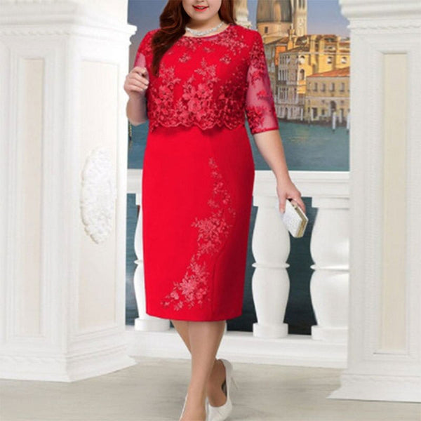 Women Lace Patchwork Half Sleeve High Waist Plus Size Bodycon Dress