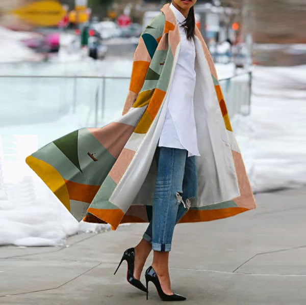 Women Woolen Print Mulitcolor Plus Size Long Coat