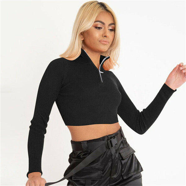 Women Zipper Knitted Pullover Slim Streetwear Crop Top