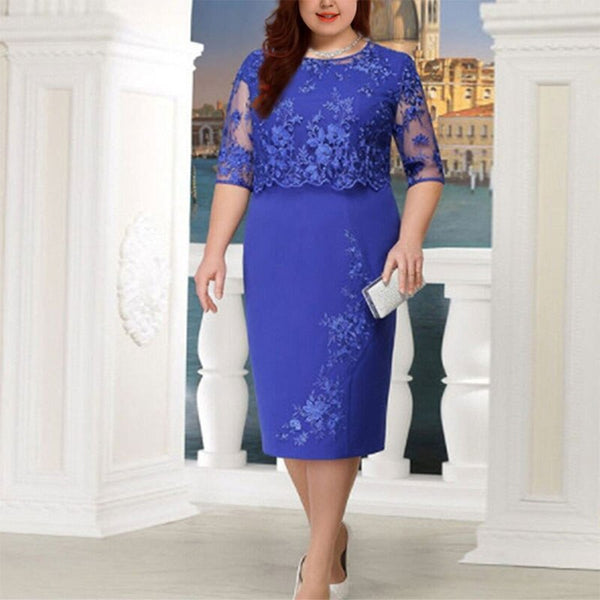 Women Lace Patchwork Half Sleeve High Waist Plus Size Bodycon Dress