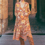Vintage Print Loose Long-sleeved Bohemia Dress 