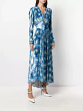Women V-neck Long Sleeve Irregular Print Vintage Maxi Dresses 