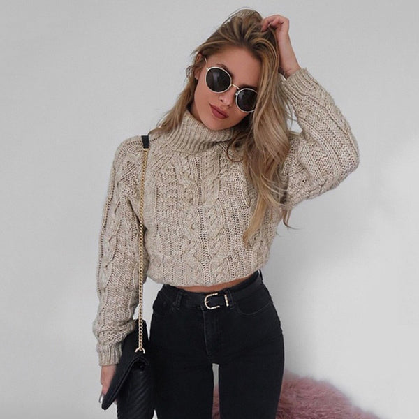 Women Winter High Collar Sexy Casual Knitted Sweater