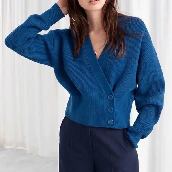Women Autumn Oversized V Neck Single Breasted Knitted Sweater 