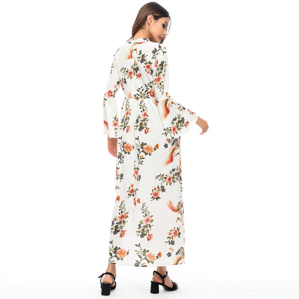 Women Flare Sleeve Print Long Sleeve Plus Size Maxi Dress