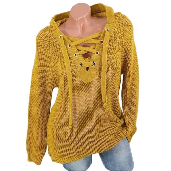 Autumn Winter Casual V Neck Knitted Loose Hooded Sweater