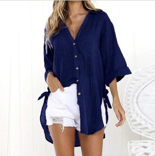 Collar Solid 3/4 Sleeve Pure Color Casual Blouses