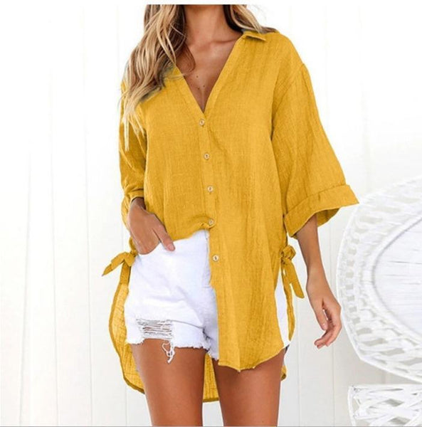 Collar Solid 3/4 Sleeve Pure Color Casual Blouses