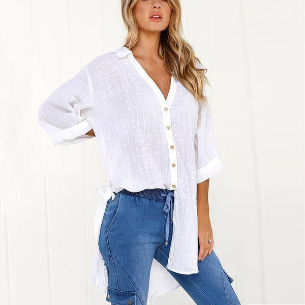 Collar Solid 3/4 Sleeve Pure Color Casual Blouses