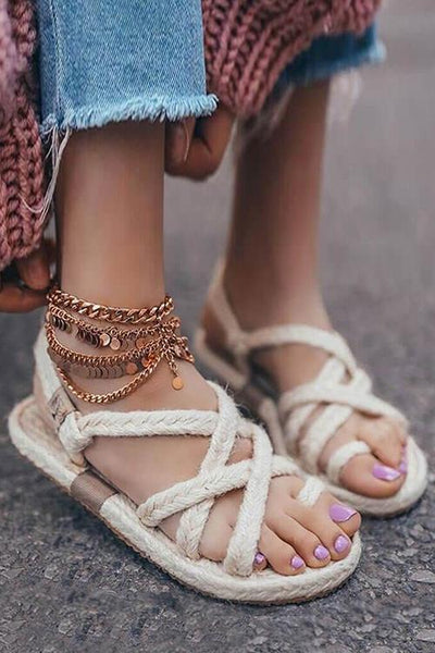 Women Straw Cross Flat Sandals