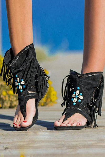 Women Tassel Beaded Toe Post Flat Sandals