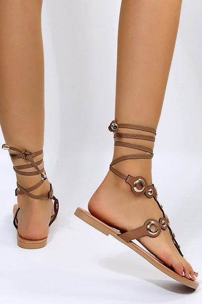 Women Fashion Metal Studded Ankle Wrap Sandals