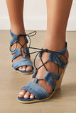 Women Chunky Heel Denim Lace-Up Sandals