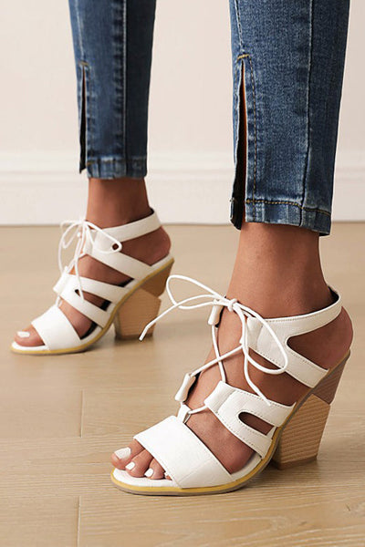 Women Chunky Heel Denim Lace-Up Sandals
