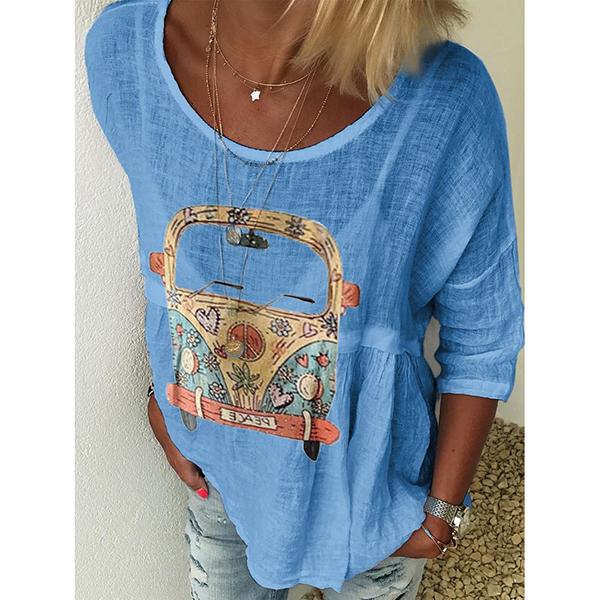 Casual Loose 3/4 Sleeve Round Neck Printed Tops