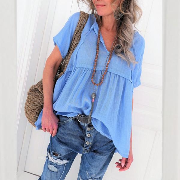 Loose Solid Color V Neck Blouse