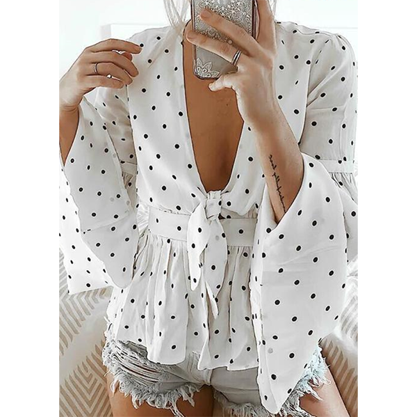 Sexy V Neck Polka Dot Lace-Up Blouse