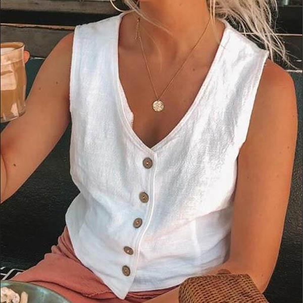 Casual Solid Color Button Sleeveless Blouse
