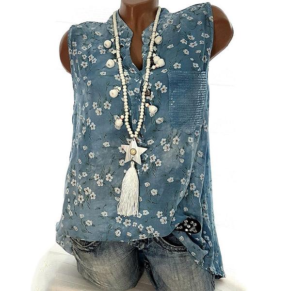 Flower Printed V Neck Pocket Sleeveless Blouse