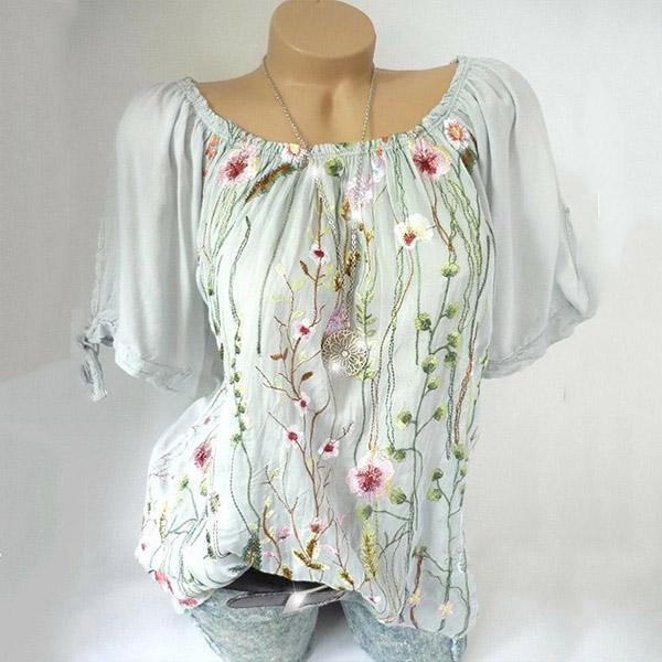 Plus Size Flower Embroidery Solid Color Blouse