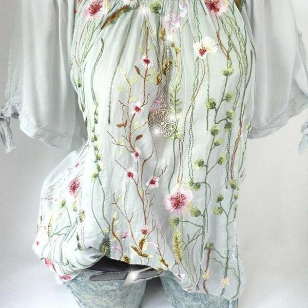 Plus Size Flower Embroidery Solid Color Blouse