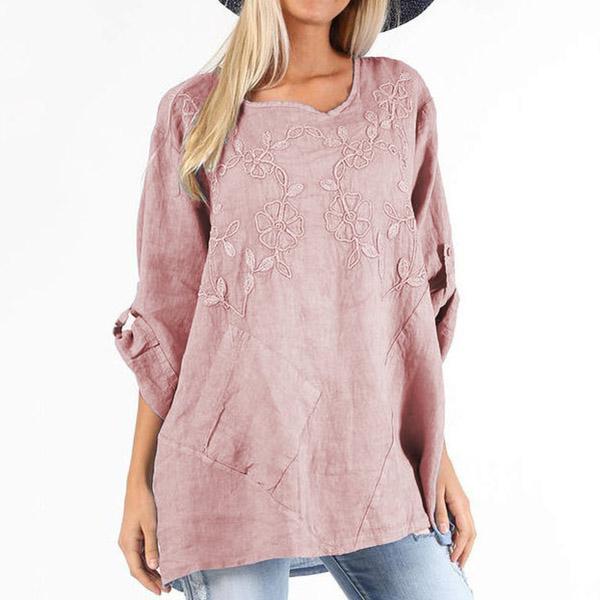 Embroidery Solid Color Loose Blouse