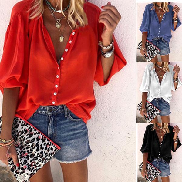 Women Plus Size Fashion Button Loose Blouse