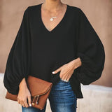 Solid Color Lantern Sleeve Blouse